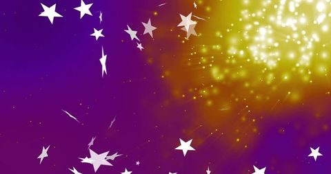Glowing Golden Burst on Purple Gradient with Floating White Stars and Sparkles