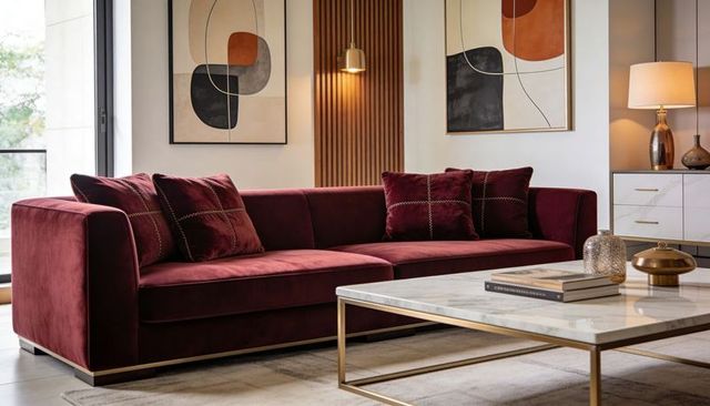 Burgundy velvet sectional sofa with marble coffee table and brass accents for modern living room