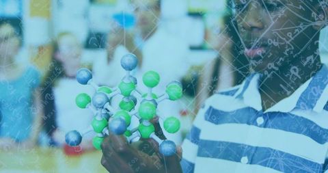 Student holding molecular model learning chemistry and stem concept with equations overlay