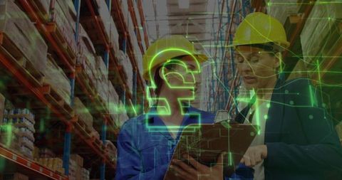 Warehouse staff checking inventory with pound currency overlay for cost visualization