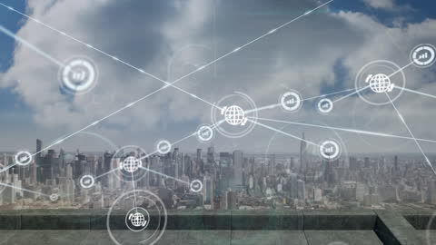 Cityscape with Digital Network Connection Overlay