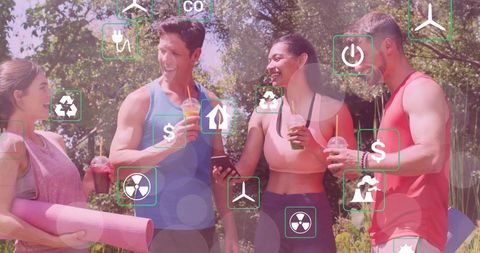 Friends enjoying post-workout smoothies in park while fitness and eco icons float