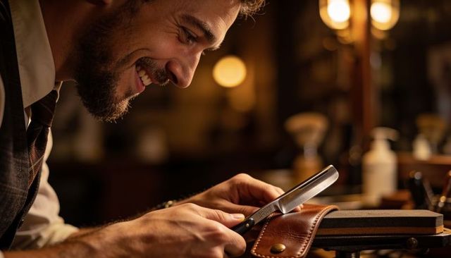 Smiling barber sharpening straight razor on leather strop in warm vintage barbershop