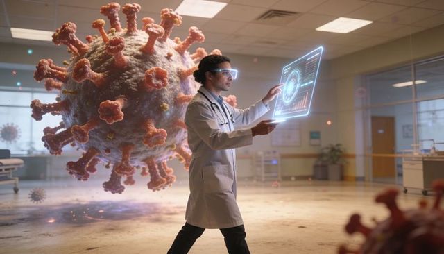 Doctor wearing ar glasses analyzing giant virus hologram with interactive health data