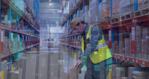 Warehouse Worker Managing Inventory with Data Analytics Overlay