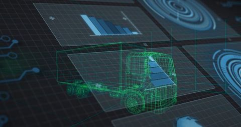 3d wireframe truck in virtual dashboard showing data visualization and logistics analytics