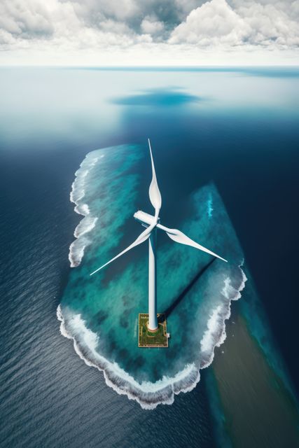 A breathtaking aerial view shows an offshore wind turbine situated on a small island in the middle of the ocean, surrounded by turquoise waters and calm waves. This image could be used to promote renewable energy, sustainability, and environmental conservation projects. Ideal for illustrating themes related to clean energy technologies and eco-friendly practices.