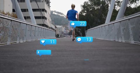 Man jogging on bridge with social media notifications overlay