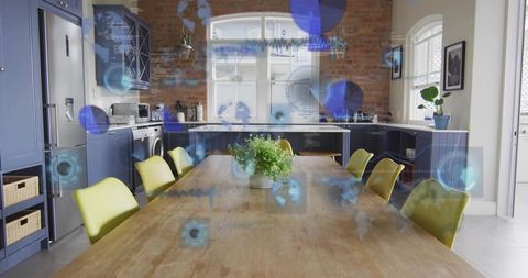 Modern farmhouse kitchen with wooden dining table, chartreuse chairs and tech overlays