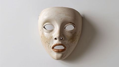 Weathered ceramic face mask hanging on light wall showing patina and distressed finish