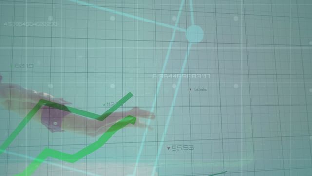 Image depicts a man swimming underwater in a pool with a digital overlay of financial graphs and statistics. Ideal for concepts combining physical fitness and business trends, merging sports and finance, or emphasizing dynamic and active lifestyles. Suitable for use in business presentations, health and sport publications, or financial analytics media.