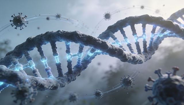 Glowing dna helix spiraling through cellular fluid with viral particles and links