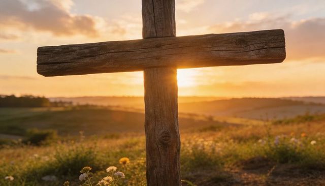 Rustic wooden cross at sunset on wildflower hill spiritual pastoral landscape