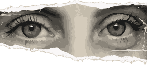 Monochrome Pair of Eyes Emerging Through Torn Paper, Transparent Background