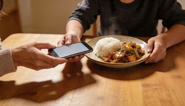 Child offering steaming rice and stir-fry while adult handing phone across wooden table