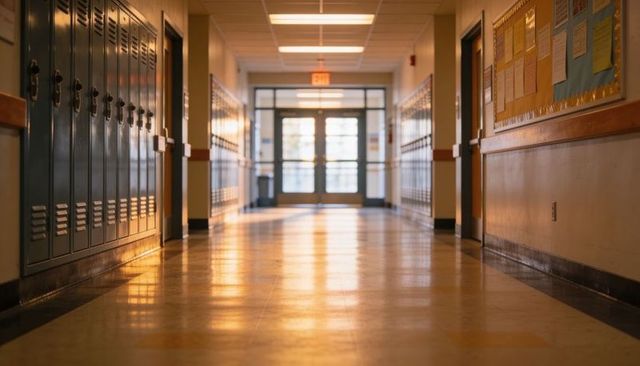 Empty School Hallway Bathing in Warm Golden Light with Lockers and Exit Doors