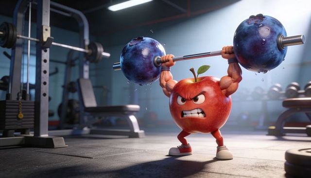 Angry muscular apple pressing giant blueberry barbell overhead wrist wraps red sneakers