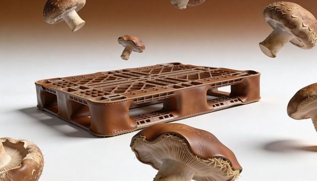 Leather-wrapped pallet with stitched edges and levitating mushrooms, surreal still life