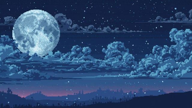 Pixel moonlit nightscape with giant full moon and layered clouds in retro 8-bit style