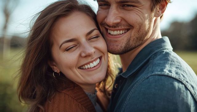 Smiling couple embracing in sunlit park, sharing candid warmth and romantic connection