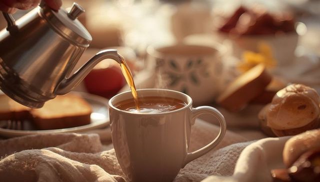 Pouring morning coffee from stainless teapot into cream mug on cozy linen breakfast table