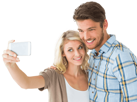 Young Couple Smiling and Taking Transparent Selfie Together