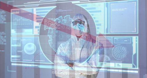 Medical professional analyzing covid-19 data on virtual screen