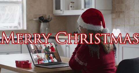 Woman Celebrating Christmas with Virtual Video Call
