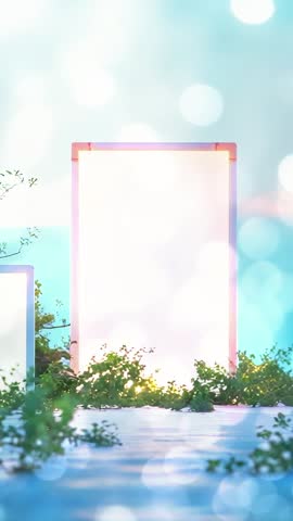 Vertical video capturing glowing blank panel in pool with trailing vines and dreamy bokeh