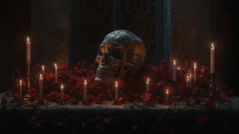 Gothic Skull with Roses Surrounded by Flickering Candles