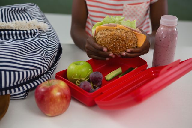 Schoolgirl enjoying a nutritious lunch with a sandwich, apple, grapes, cucumber, and a drink. Ideal for use in educational materials, health and nutrition campaigns, and back-to-school promotions.