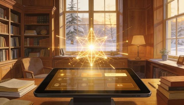 Golden holographic star hovering above tablet in cozy wood library at warm winter sunset