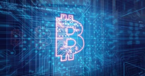 Neon Bitcoin Symbol Floating in Digital Grid Environment