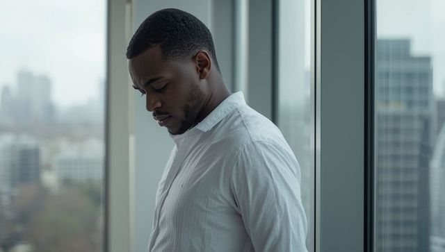 Pensive Businessman in High-Rise Urban Environment