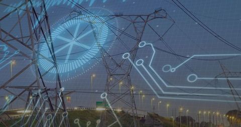 Smart Grid Transmission Towers with Digital HUD Overlay at Twilight Highway Corridor