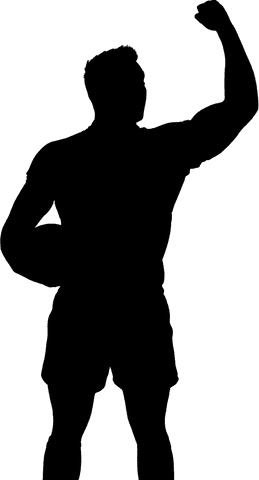 Silhouette of male rugby player holding ball on transparent backdrop