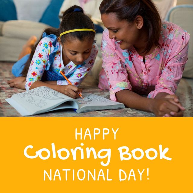 Happy biracial mother lying with girl drawing in book at home and happy coloring book day. digital composite, childhood, family, togetherness, art, healthcare, wellness and relaxation concept.