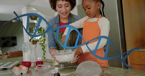 Caregiver and child baking together with dna helix overlay suggesting family science