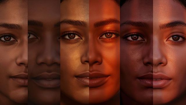 Vertical composite displaying diverse female faces with dramatic studio lighting
