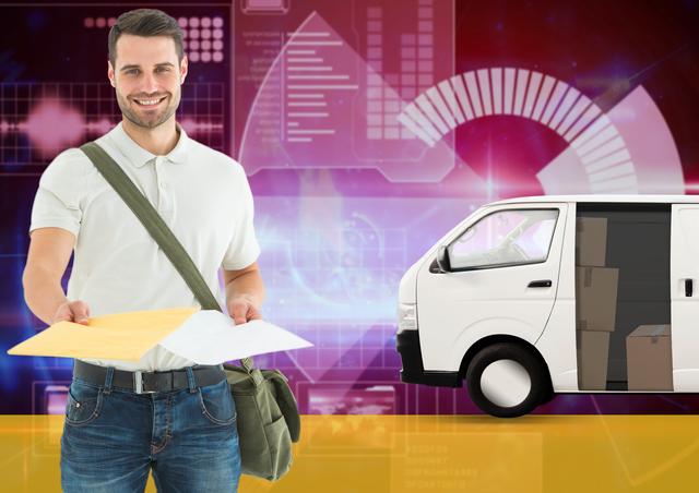 Smiling delivery man holding parcels with a white van and a digital background. Ideal for illustrating modern logistics, courier services, and technology in transportation. Useful for websites, advertisements, and promotional materials related to delivery services and shipping solutions.
