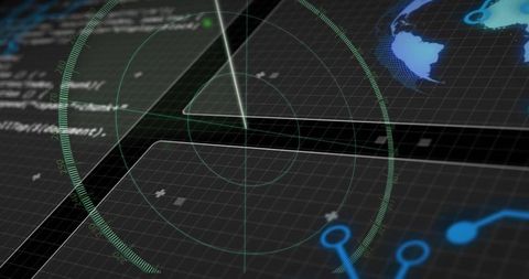 Futuristic radar hud interface scanning grid with code overlay, world map, circuit nodes, analytics