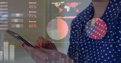 Caucasian woman using smartphone analyzing business data