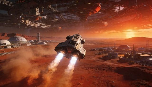Starship ascending over Martian colony with domed habitats and orbital megastructures at sunset