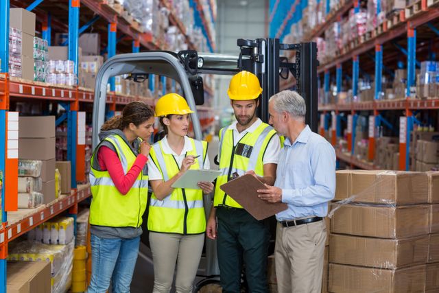 Warehouse manager and co-workers discussing over clipboard in warehouse