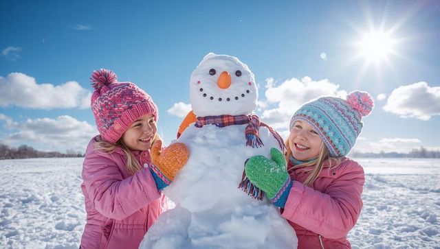 Two girls building snowman on sunny winter day wearing colorful jackets hats and mittens
