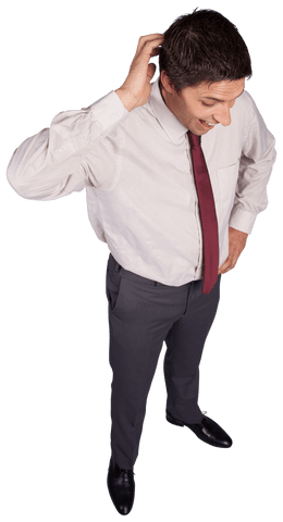 Businessman pondering problem in formal attire with transparent background