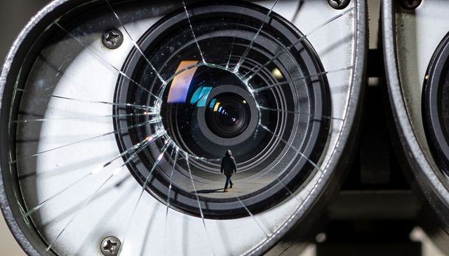 Cracked surveillance camera lens revealing hooded figure walking on urban path