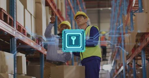 Warehouse supervisors inspecting inventory with holographic access key, digital security