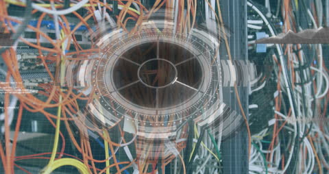 Futuristic Digital Overlay on Network Server Cables Visualizing Technology