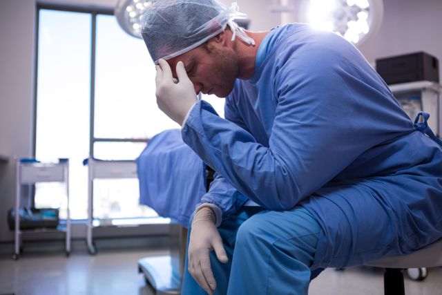 Male surgeon sitting in an operating room, appearing stressed and fatigued. He is wearing blue scrubs, surgical gloves, and a surgical cap. This image can be used to depict the emotional and physical challenges faced by medical professionals, healthcare stress, and the demanding nature of surgical work.